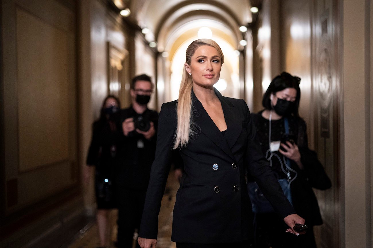 Paris Hilton wears a black suit in between meetings on Capitol Hill