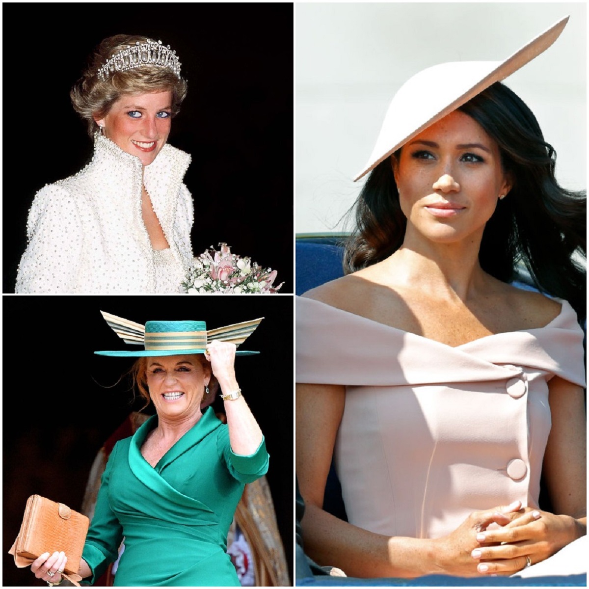 Photos of Princess Diana, Sarah Ferguson, and Meghan Markle taken at separate royal events