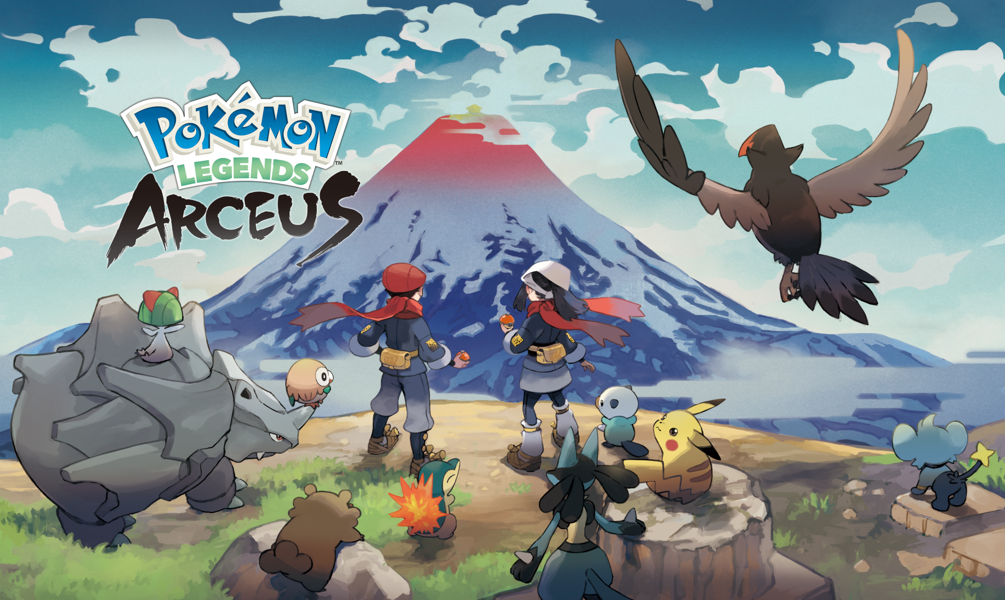 Key art for 'Pokémon Legends: Arceus,' which shows two trainers surrounded by Pokémon and looking at a mountain in the distance