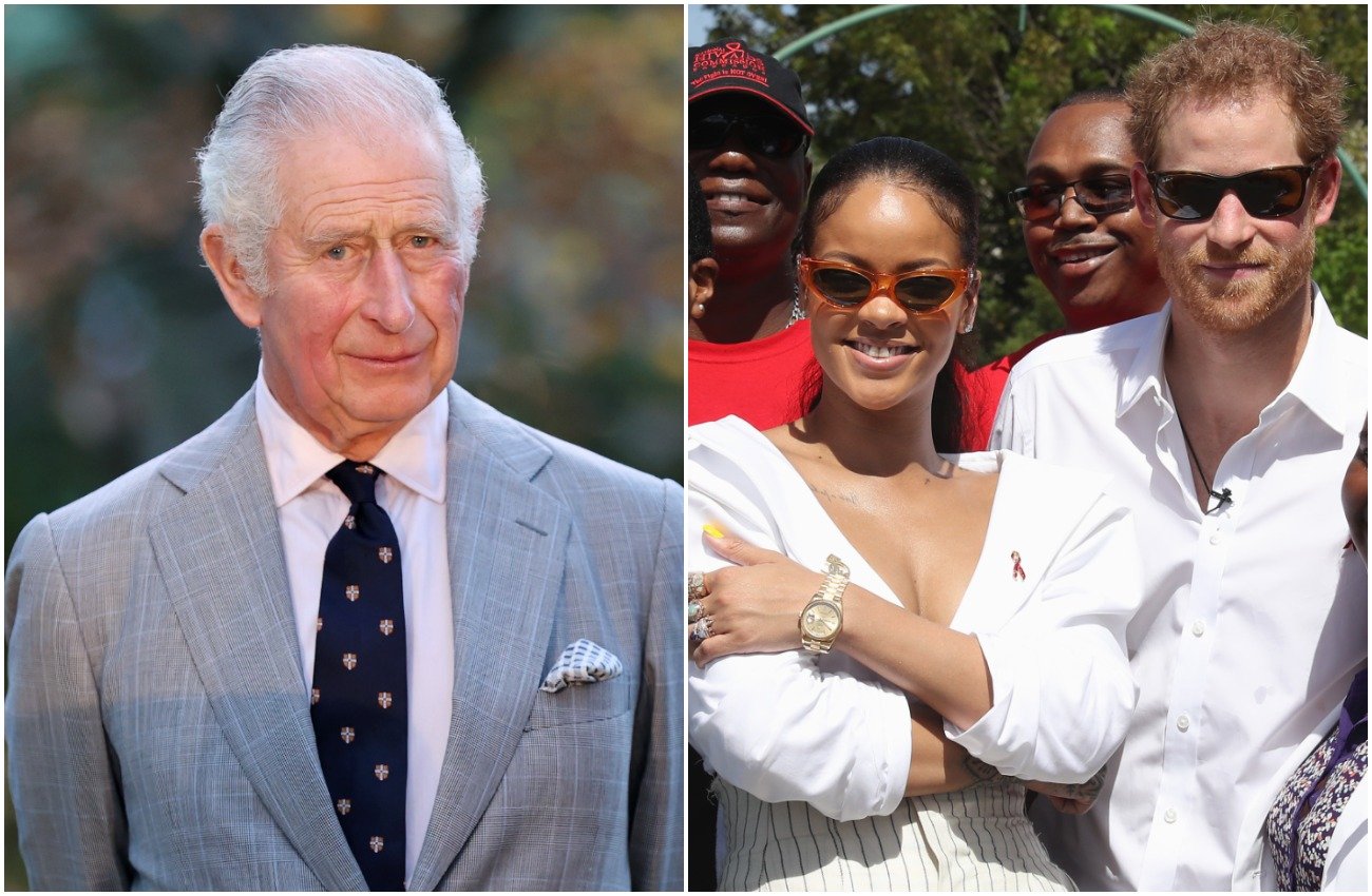 Prince Charles wearing a gray shirt, Rihanna wearing a white dress and sunglasses and crossing her arms while standing next to Prince Harry, who is wearing a white shirt and sunglasses