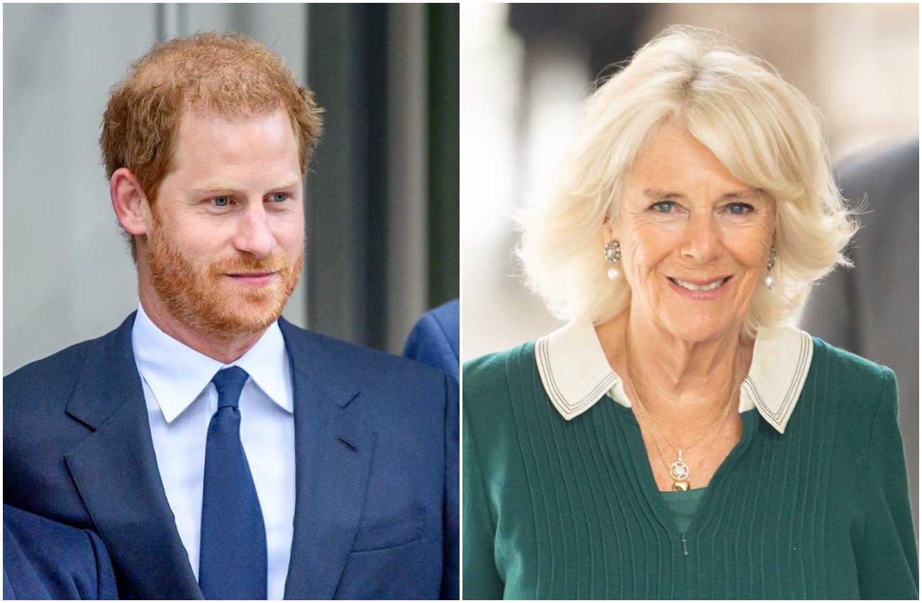 Prince Harry wearing a blue suit and looking off-camera to the right, Camilla wearing a green outfit and smiling into camera