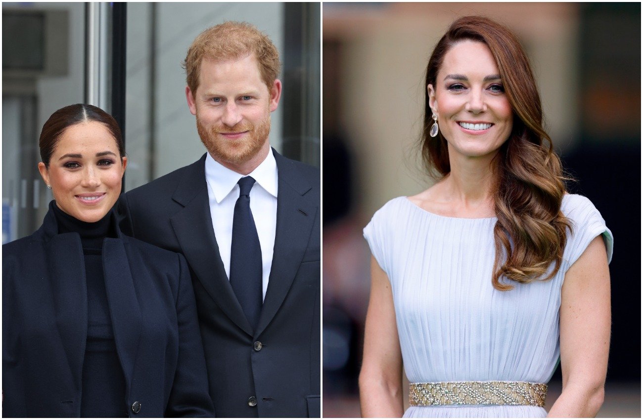 Meghan Markle and Prince Harry wearing black outfits and standing side by side, Kate Middleton wearing a lavander outfit and smiling