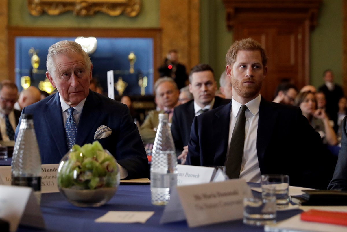 Prince Harry and Prince Charles sitting together at the 'International Year of The Reef' meeting