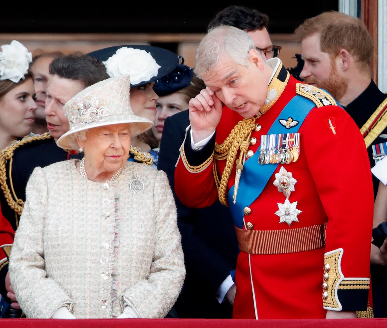 Queen Elizabeth II and Prince Andrew standing on the balcony of Buckingham Palace during Trooping The Colour