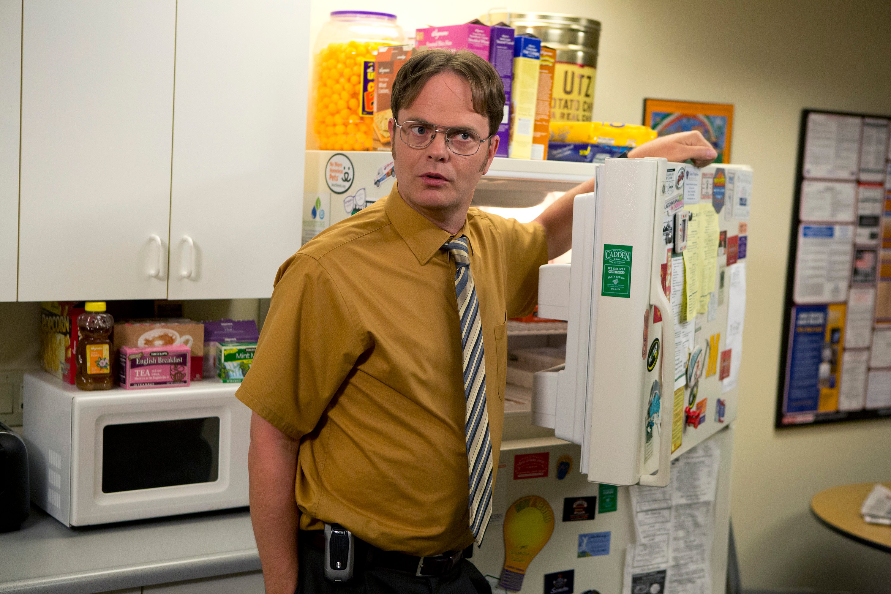 Rainn Wilson as Dwight Schrute leaning against the freezer door in the break room on the set of 'The Office'