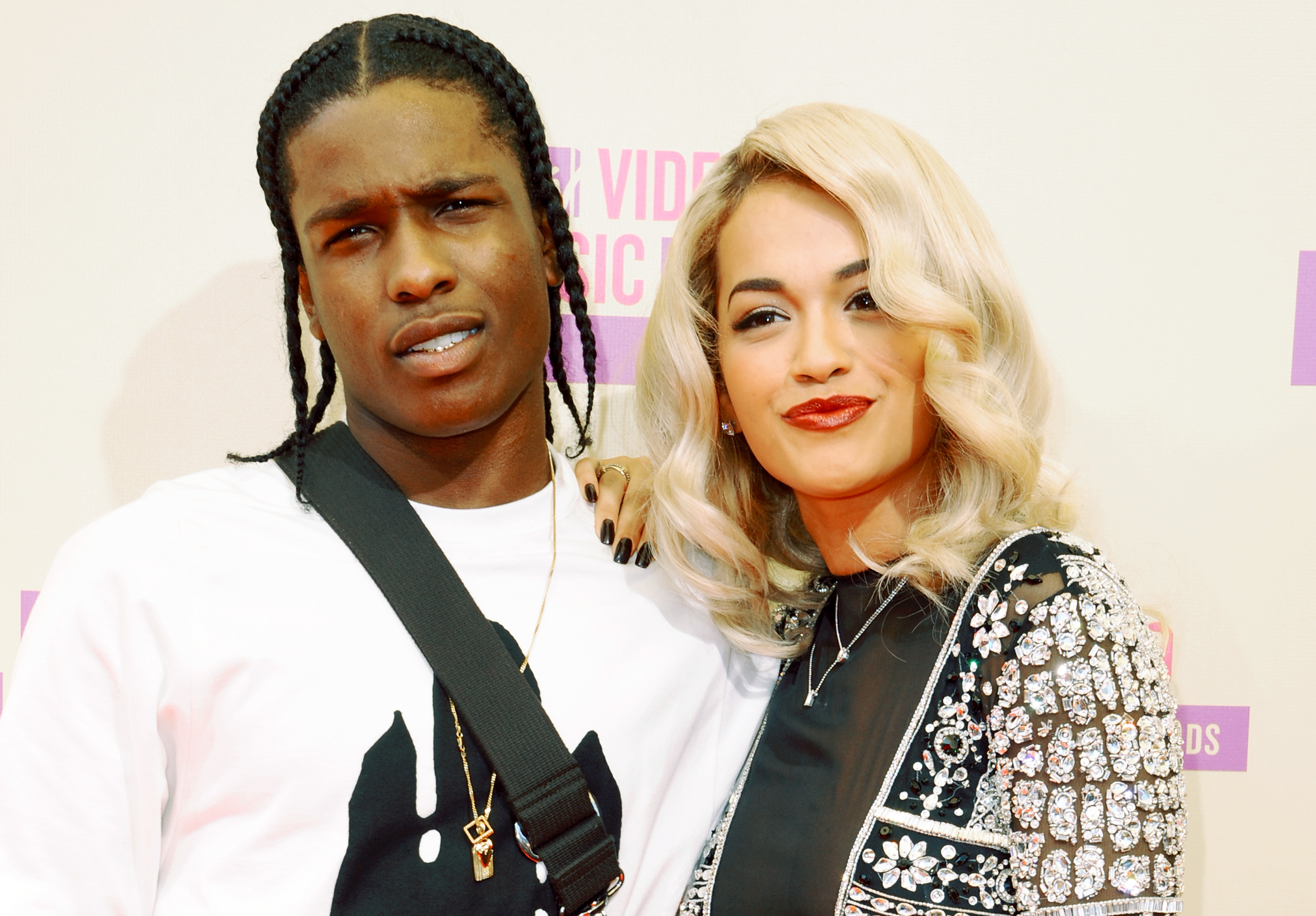 Rapper A$AP Rocky and singer Rita Ora arrive at the 2012 MTV Video Music Awards