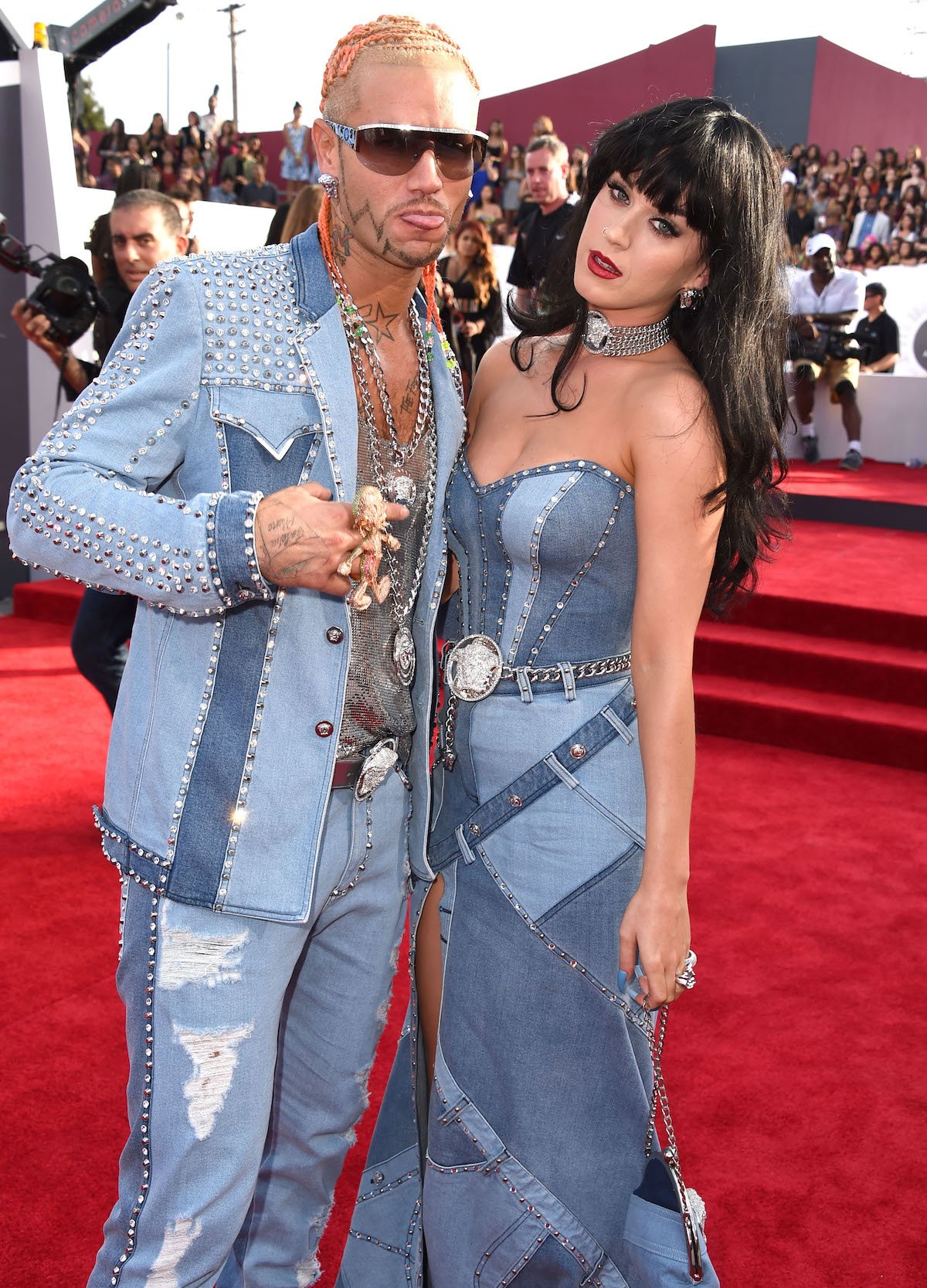 Riff Raff and Katy Perry pose in matching denim outfits.