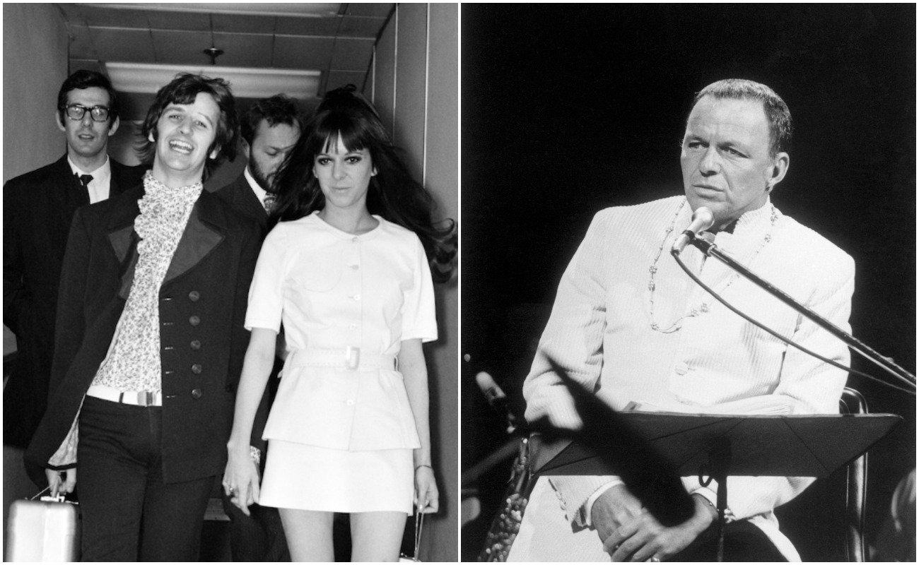 Ringo Starr and his wife Maureen at Heathrow Airport in 1968 and Frank Sinatra performing in a white suit in 1968.