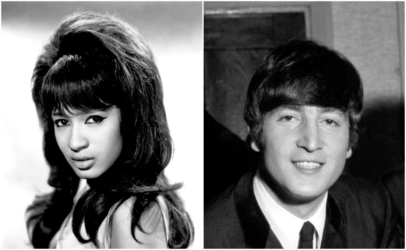 Ronnie Spector wearing white in a portrait in 1964, and John Lennon posing for the camera in 1964.