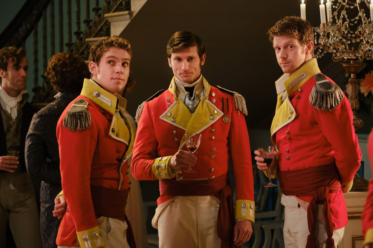 Three men in 19th century British military officer uniforms in 'Sanditon' Season 2