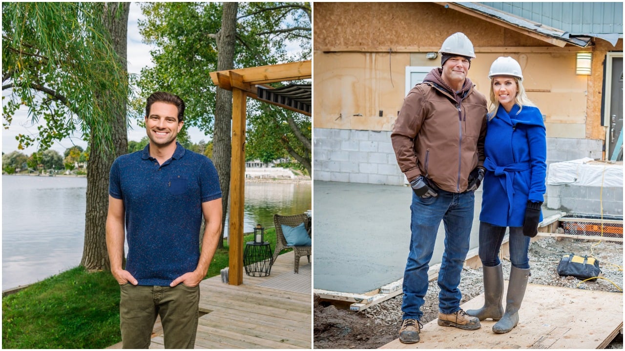Side by side photos of Scott McGillivray, standing with his hands in his pockets, and Bryan and Sarah Baeumler, both wearing hard hats