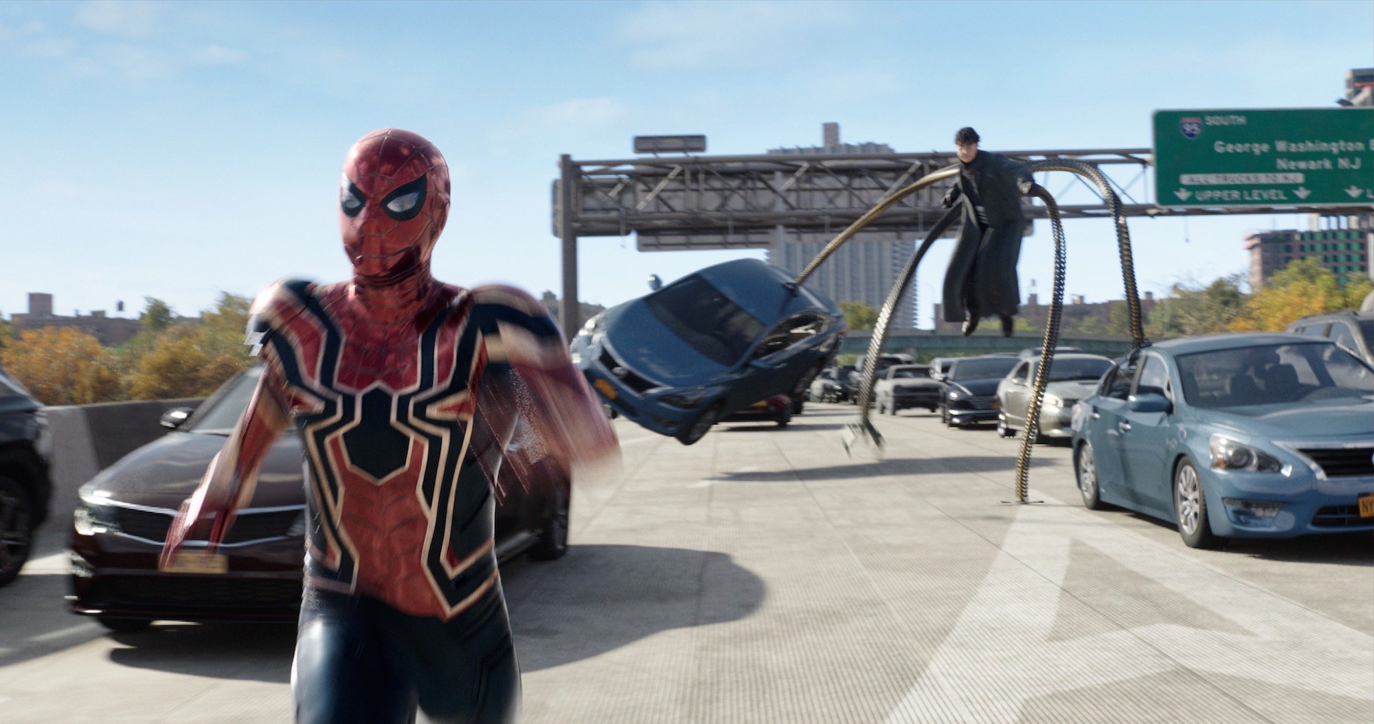 'Spider-Man: No Way Home' -- Peter Parker runs from Doc Ock on the freeway