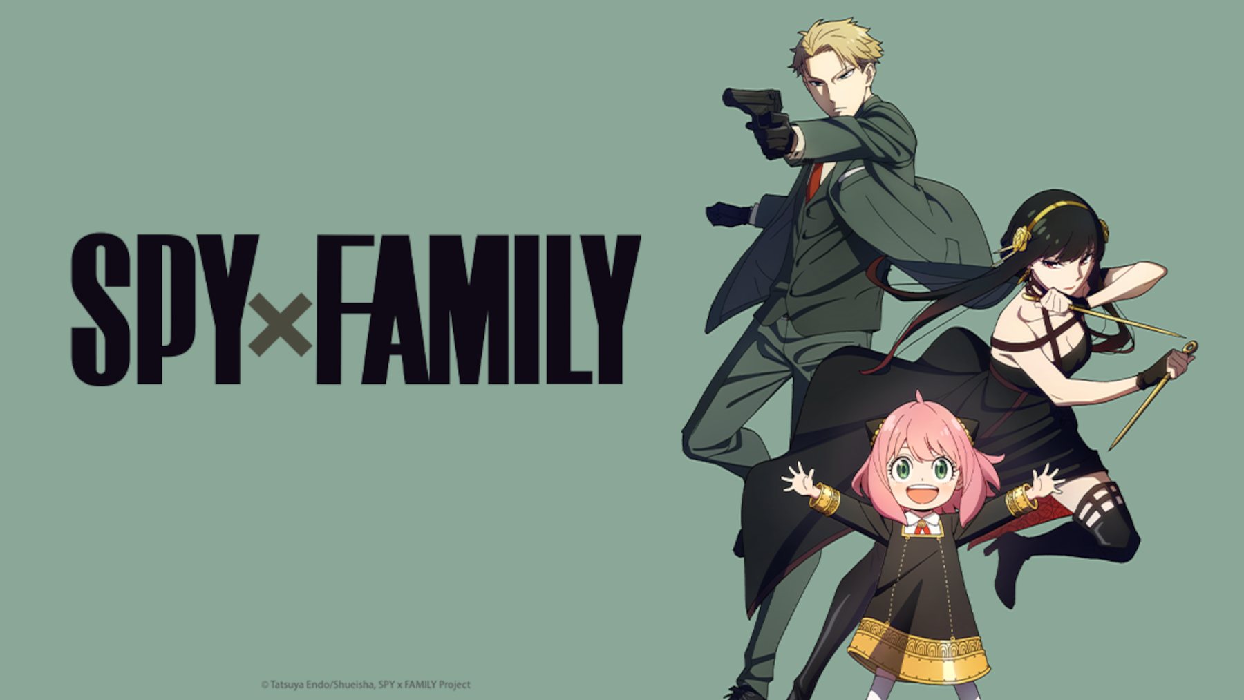 Key art for new 2022 anime 'Spy x Family.' It shows a father, mother, and pink-haired girl in their spy get-ups.