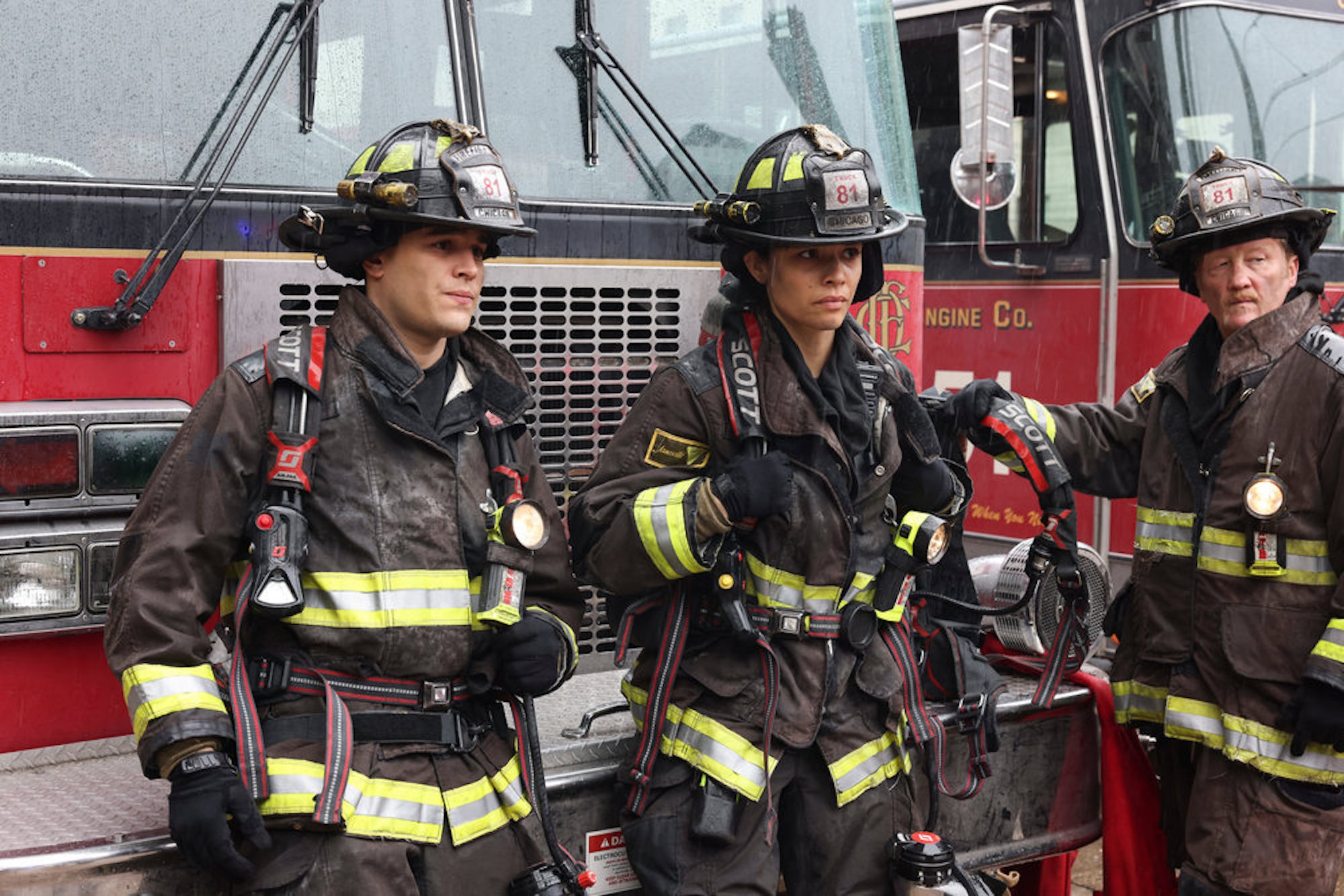 Blake Gallo, Stella Kidd, and Mouch in firefighting gear in 'Chicago P.D.' Season 10 Episode 10