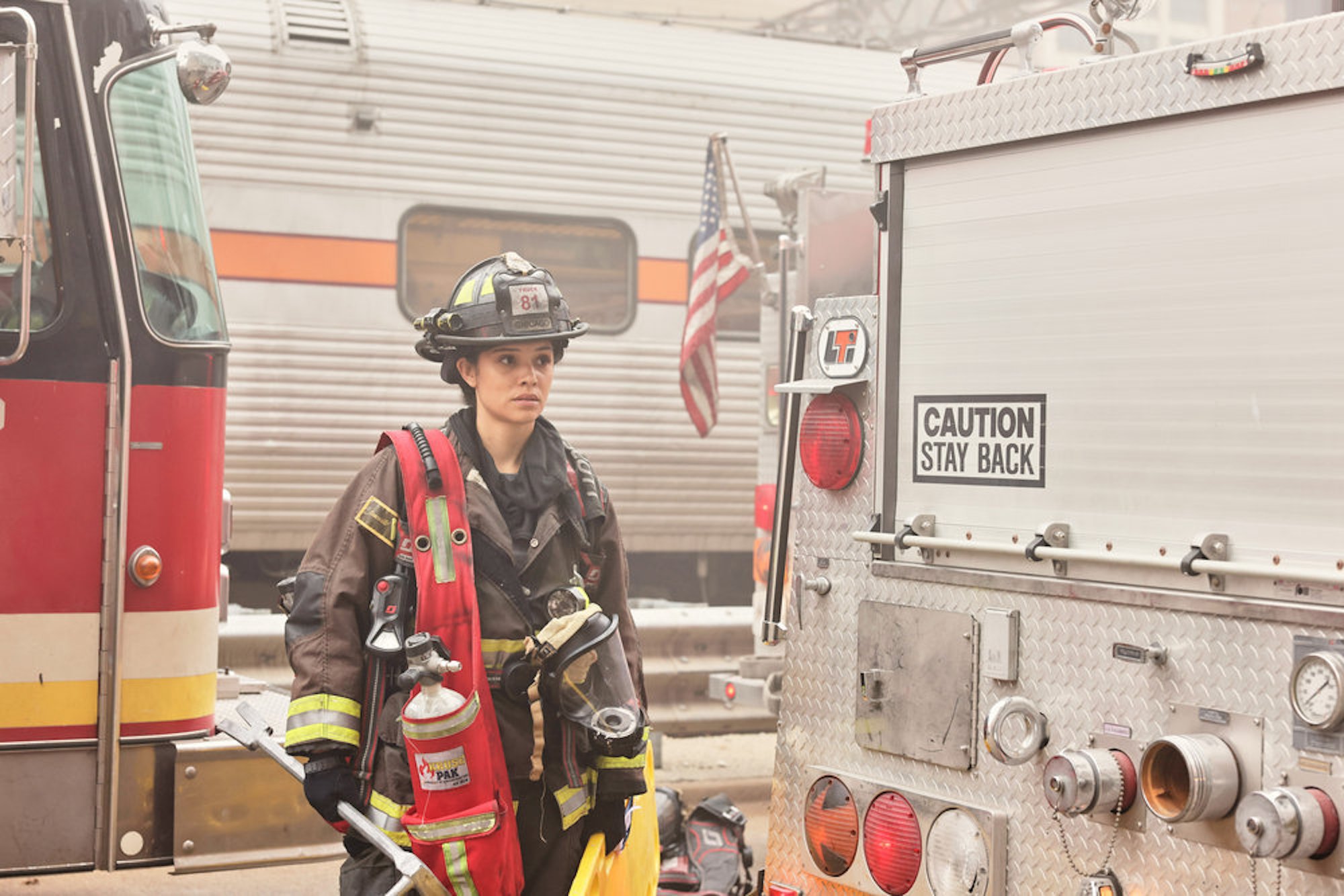 Miranda Rae Mayo as Stella Kidd in her firefighting gear outdoors in 'Chicago Fire' Season 10 Episode 10