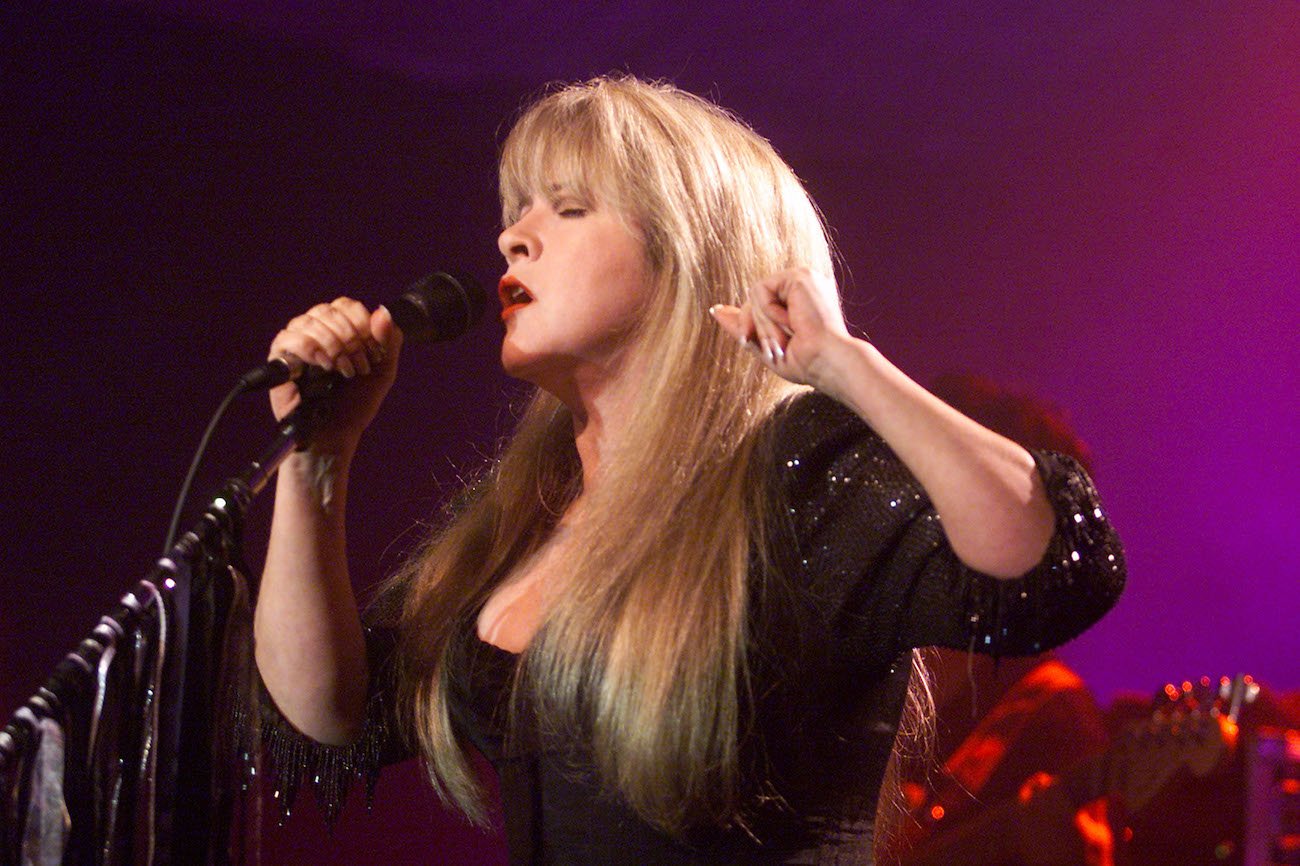 Stevie Nicks wearing black while performing at a private party ahead of the release of her 2001 album, 'Trouble in Shangri-la.' 