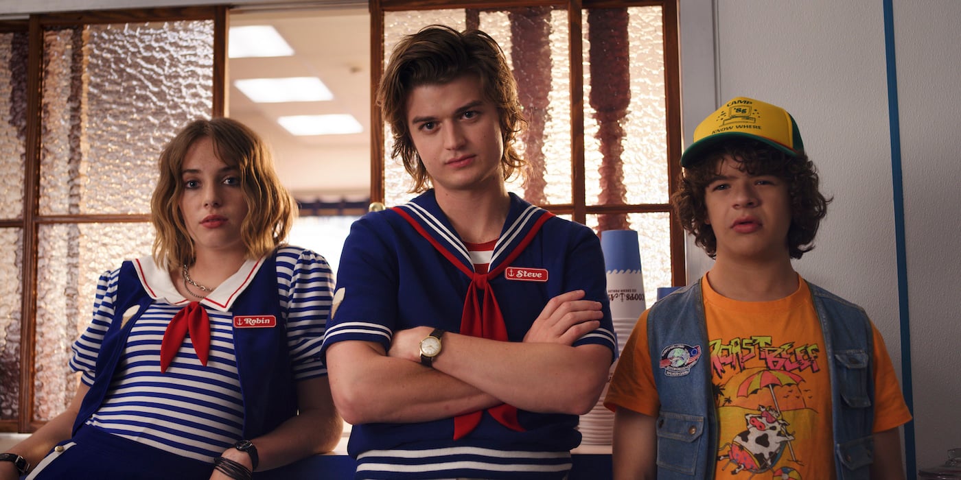 'Stranger Things' actors Maya Hawke, Joe Keery, and Gaten Matarazzo at Scoops Ahoy in a scene from 'Stranger Things' Season 3. The 'Stranger Things' Season 4 release date has yet to be announced.