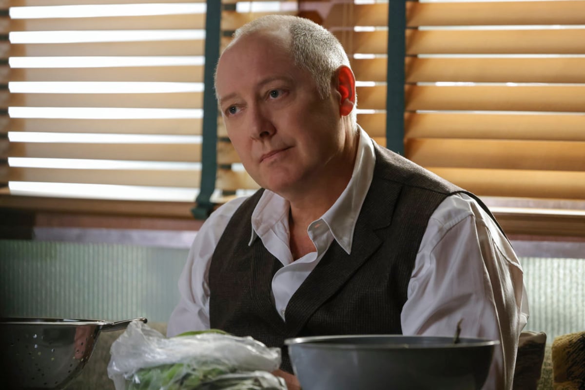 James Spader as Raymond "Red" Reddington in The Blacklist Season 9. Red wears a white collared shirt with a black vest over it and sits at a table.