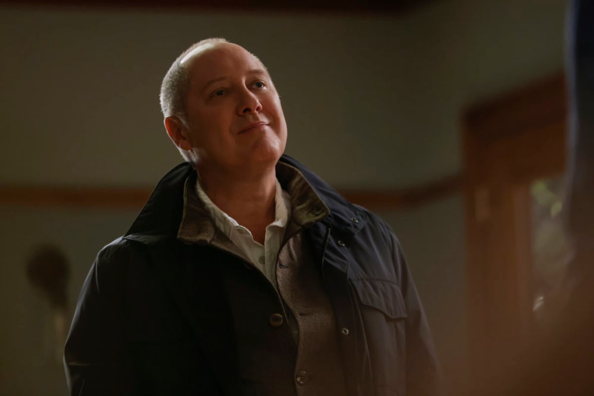 James Spader as Raymond "Red" Reddington in The Blacklist Season 9. Red smiles at someone. He is wearing a black jacket over a white collared shirt.