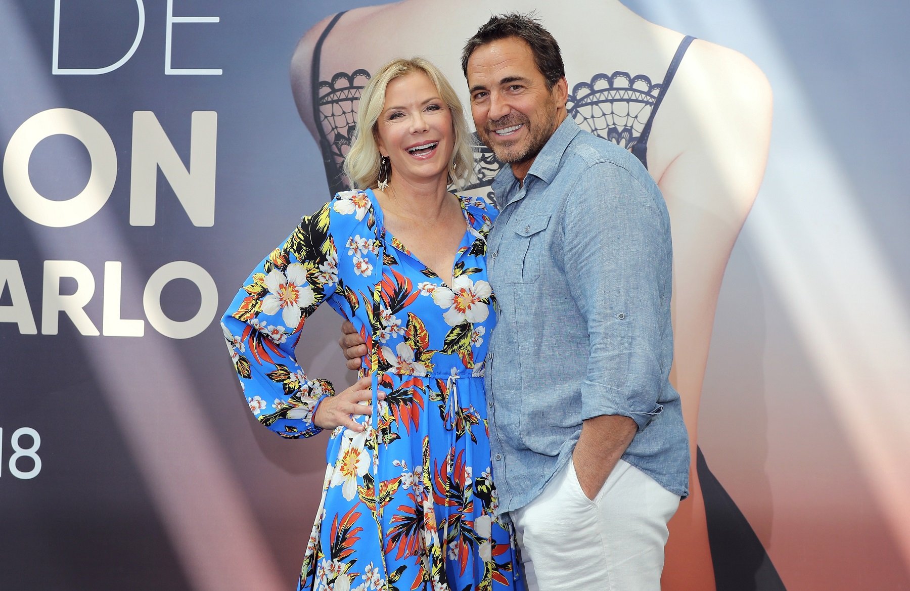 The Bold and the Beautiful this week features Brooke, pictured on the left in a blue floral dress, and Ridge, pictured on the right in a blue shirt and a pair of white tight pants