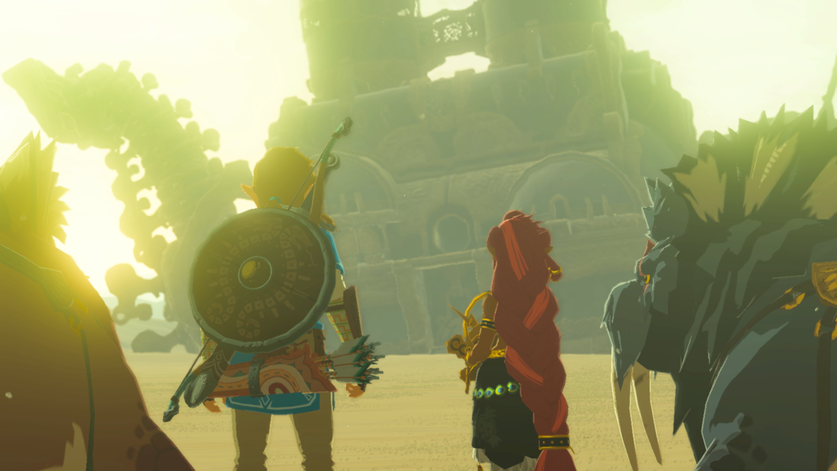Link, Urbosa's descendant Riju, and her Sand Seal Patricia before Vah Naboris in 'The Legend of Zelda: Breath of the Wild'