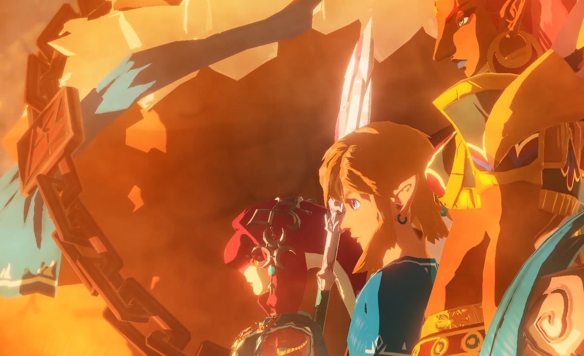 Mipha, with her Lightscale Trident from 'The Legend of Zelda: Breath of the Wild,' Link, and Urbosa from 'Hyrule Warriors: Age of Calamity'