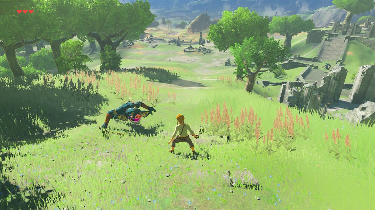Link fights a Bokoblin, which can be traded to the Skull Lake merchant Kilton in 'The Legend of Zelda: Breath of the Wild'