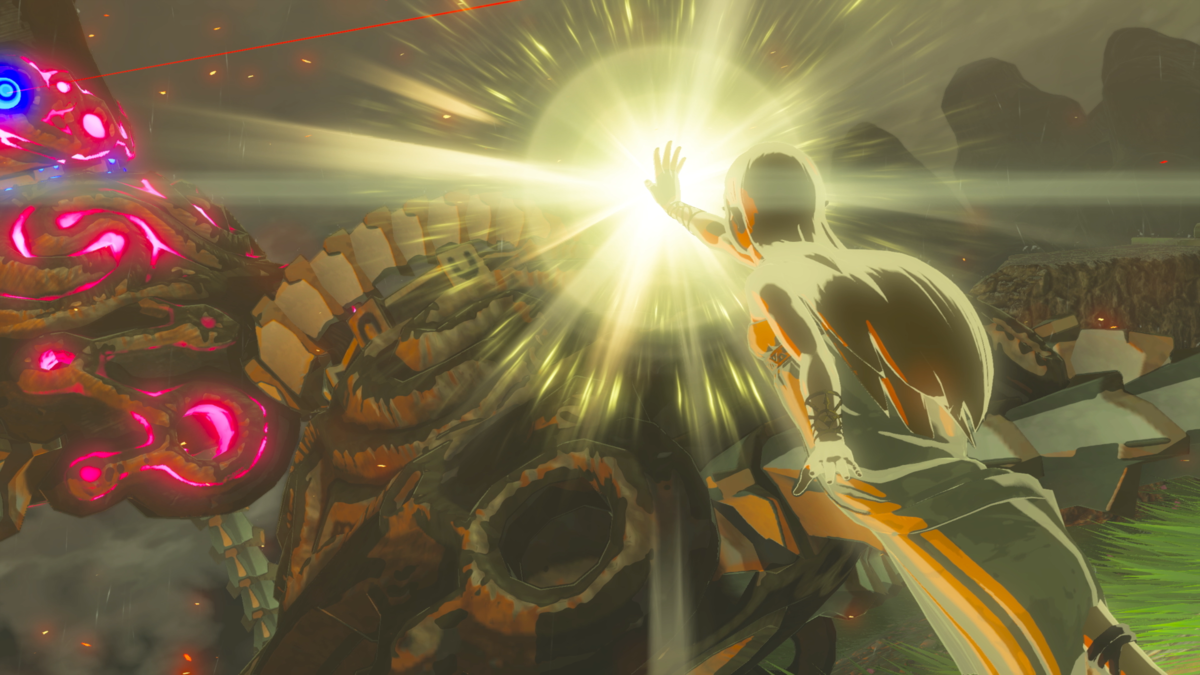 Princess Zelda using the power of the 3 Golden Goddesses Din, Farore, and Nayru to fight a Guardian from 'The Legend of Zelda: Breath of the Wild'