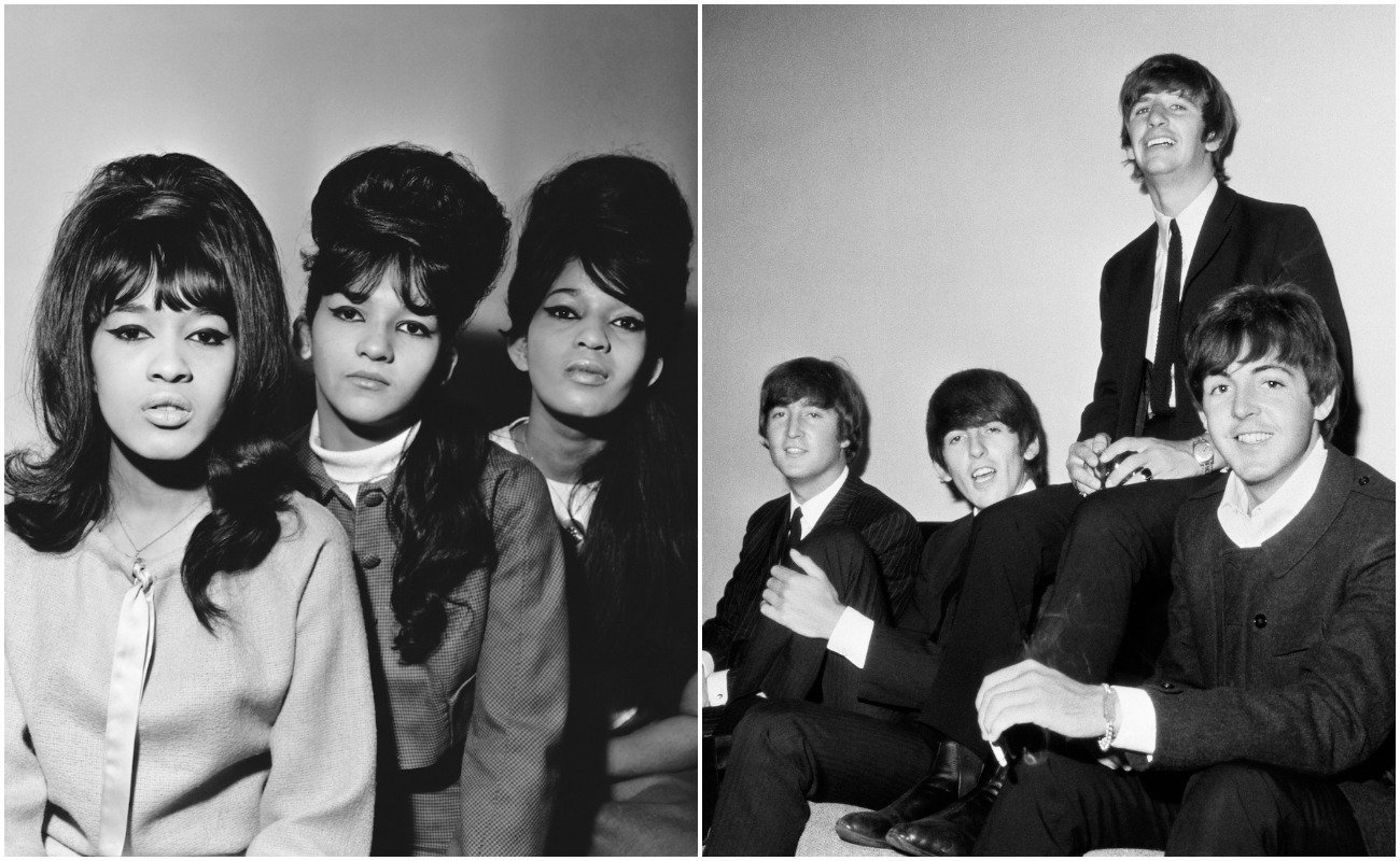 The Ronettes posing for a portrait in 1964, and The Beatles posing for a picture in 1964.