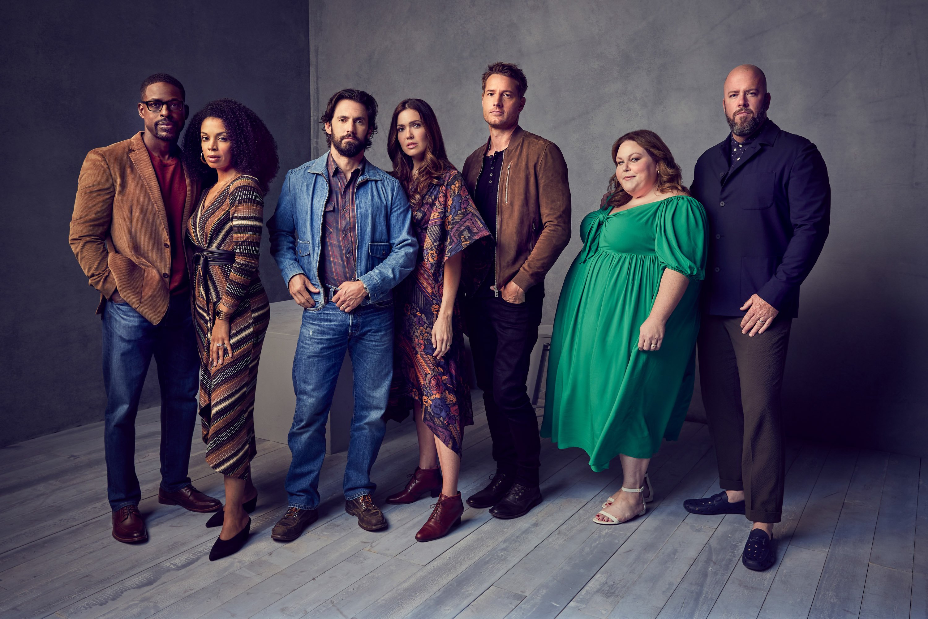 The 'This Is Us' Season 6 cast, Sterling K. Brown, Susan Kelechi Watson, Milo Ventimiglia, Mandy Moore, Justin Hartley, Chrissy Metz, and Chris Sullivan, pose for promotional pictures for the NBC series. 'This Is Us' Season 6 Episode 2 focuses on two love stories.