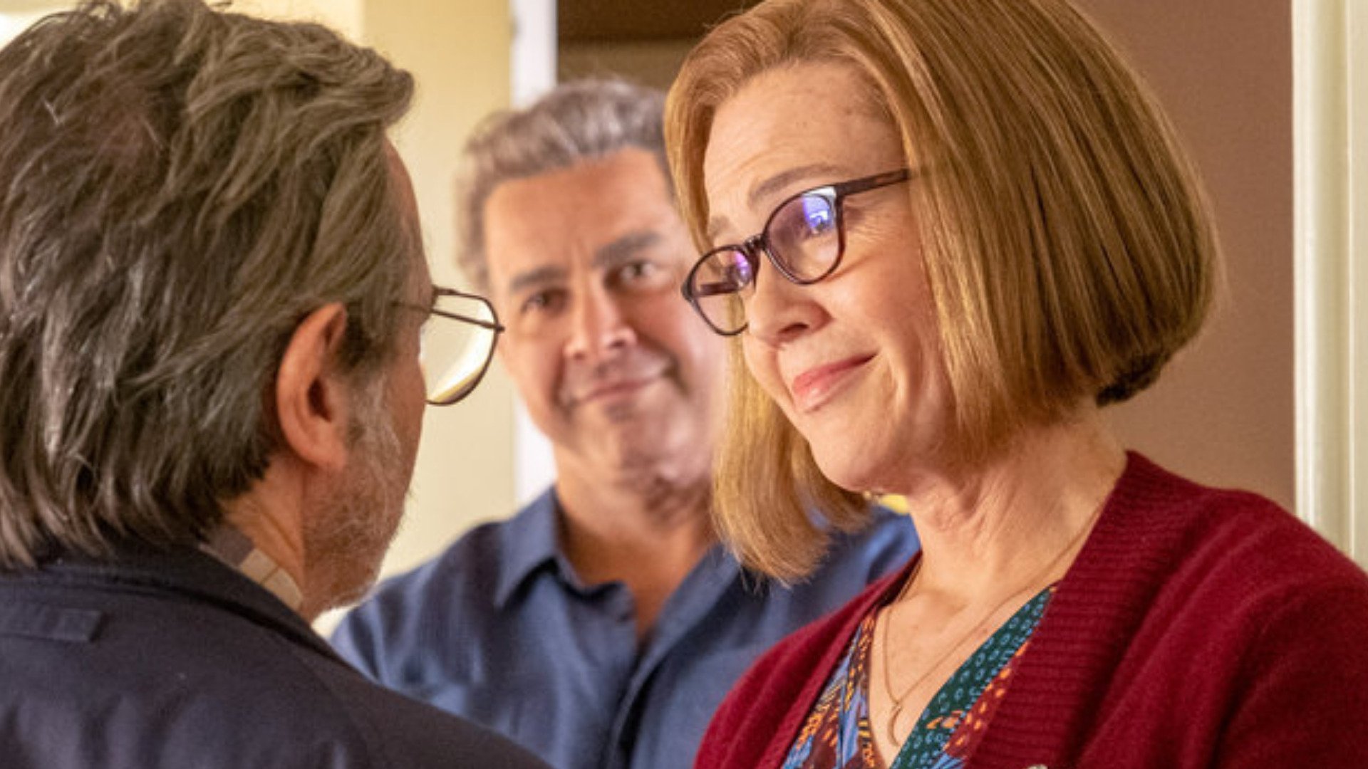 Griffin Dunne as Nicky looks at Mandy Moore as Rebecca and Jon Huertas as Miguel in 'This Is Us' Season 6 Episode 2, 'One Giant Leap'
