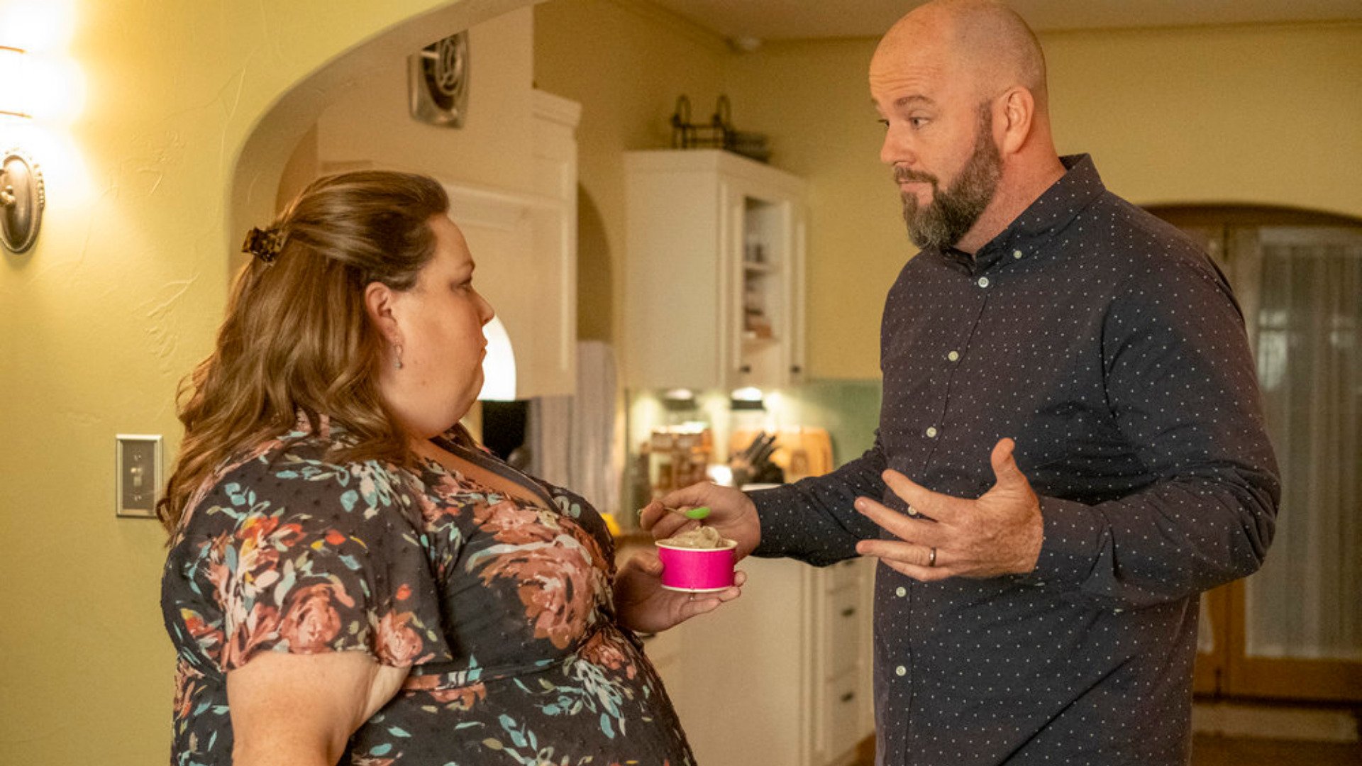 Chrissy Metz as Kate and Chris Sullivan as Toby look at each other in ‘This Is Us’ Season 6 Episode 3 