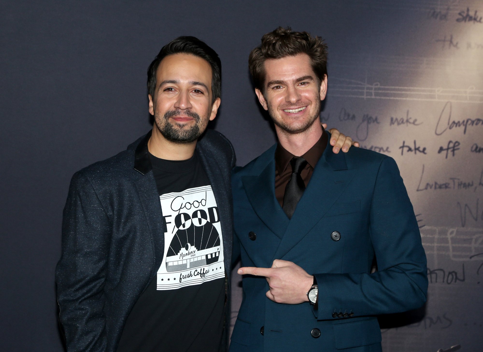 'Tick Tick Boom' Lin-Manuel Miranda and Andrew Garfield with Garfield pointing at Miranda