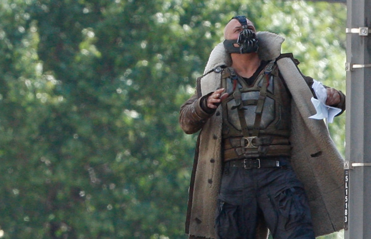 Tom Hardy, who plays the villian Bane, acts in a scene on the set of "The Dark Knight Rises" filming near the Carnegie Mellon University Software Engineering Institute Building in the neighborhood of Oakland on July 30, 2011 in Pittsburgh, Pennsylvania