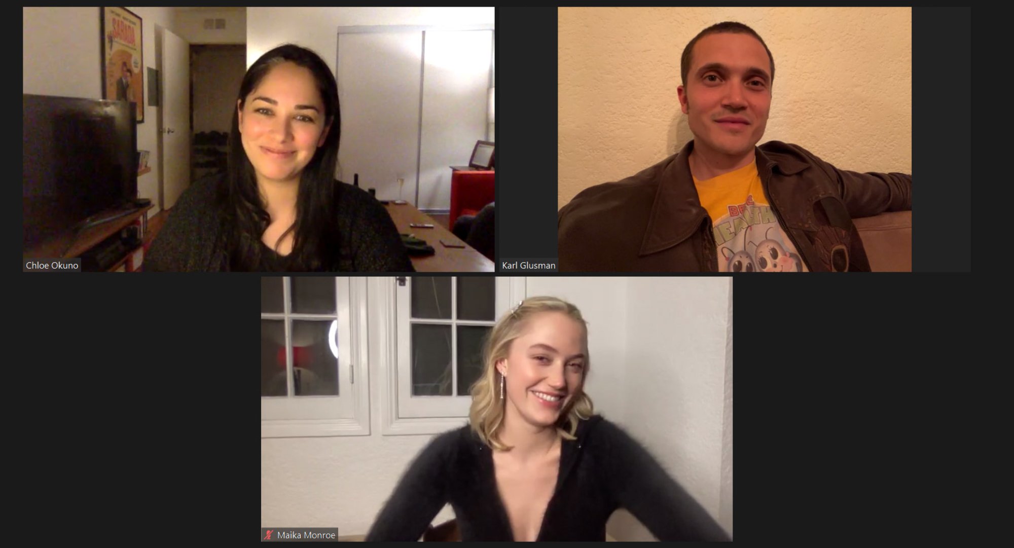 'Watcher' Chloe Okuno, Maika Monroe, and Karl Glusman smiling on video chat during a Q&A
