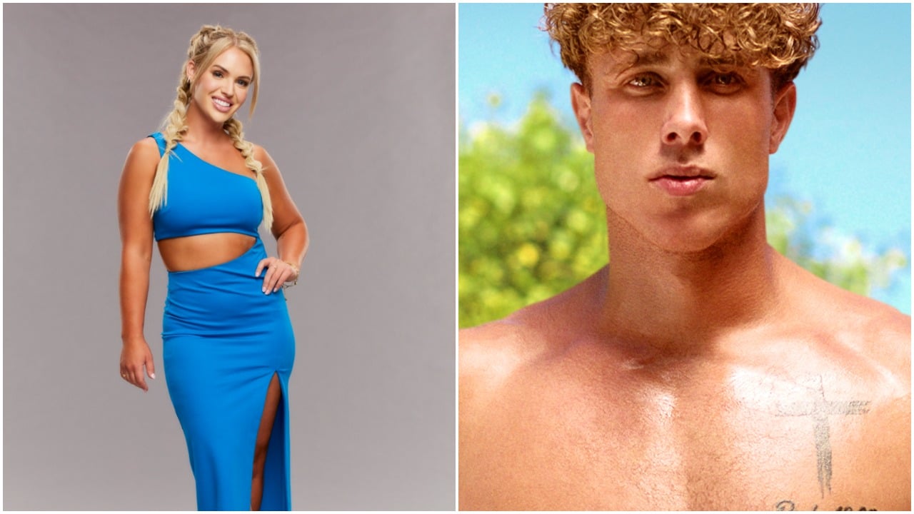 Whitney Williams posing and smiling for 'Big Brother 23' cast photo; Gerrie Labuschagné posing shirtless for 'Too Hot to Handle' Season 3 cast photo
