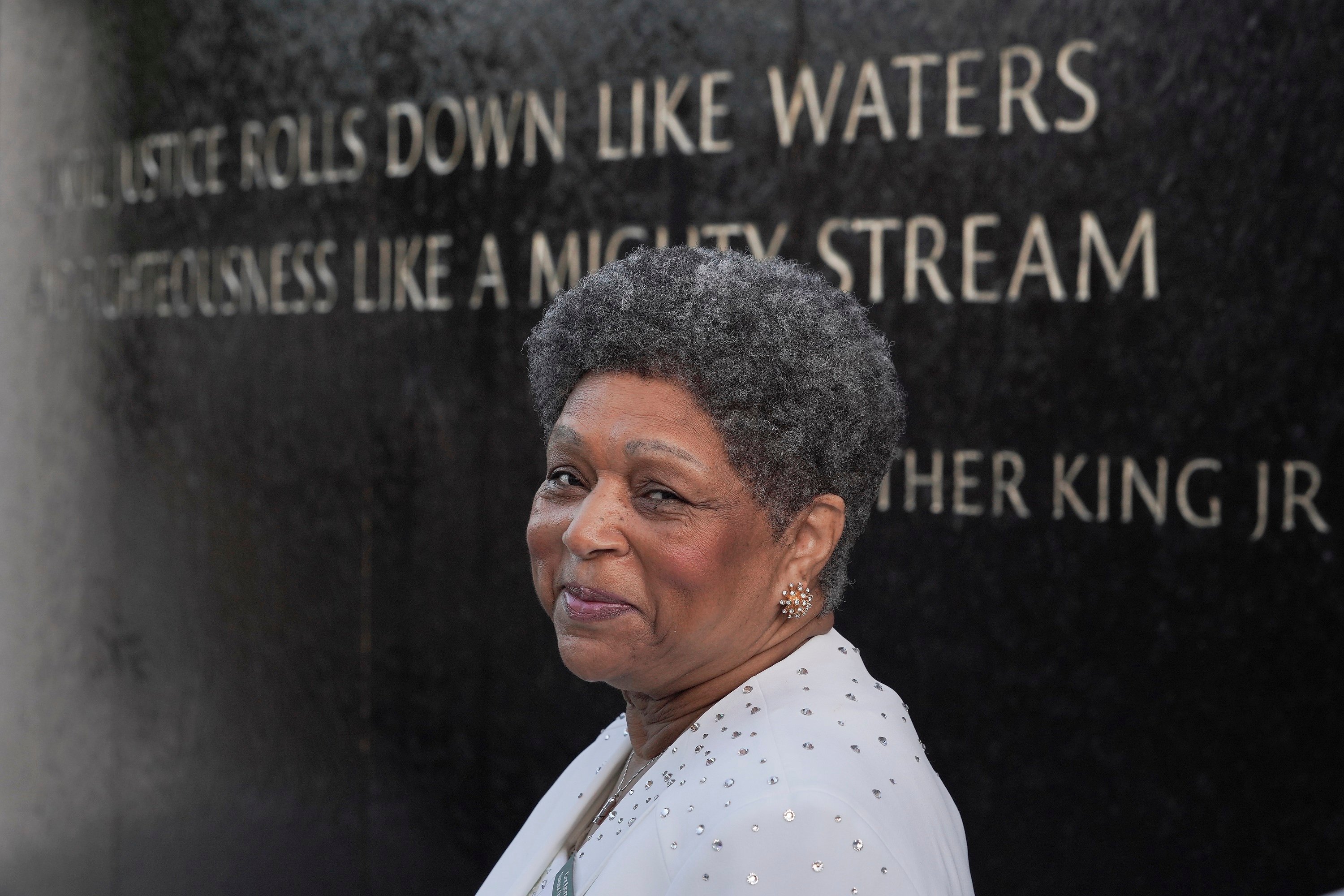 'Women of the Movement' Gloria Bankston as an older Mamie Till-Mobley stands in front of the Civil Rights Memorial