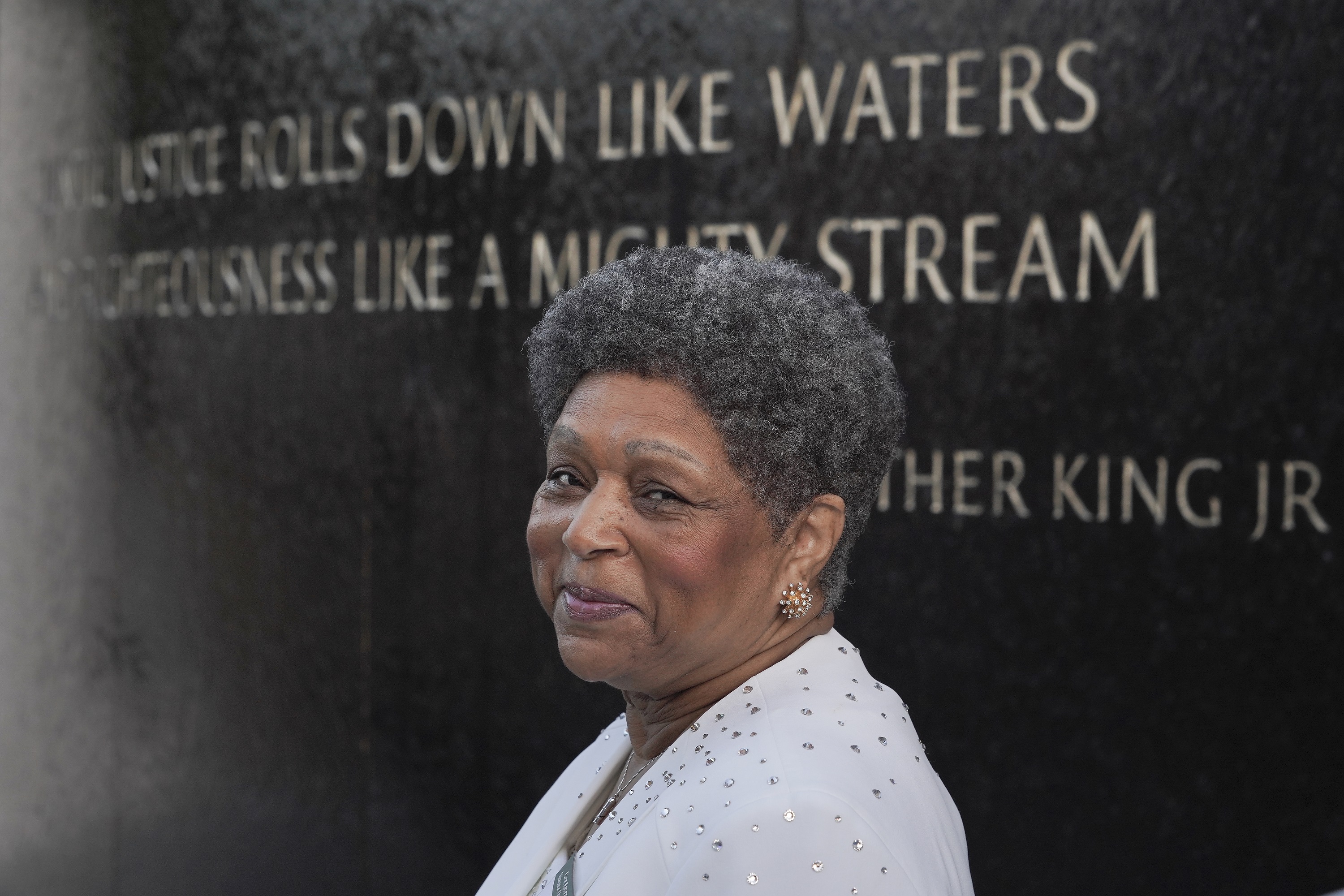 'Women of the Movement' Gloria Bankston as an older Mamie Till-Mobley stands in front of the Civil Rights Memorial