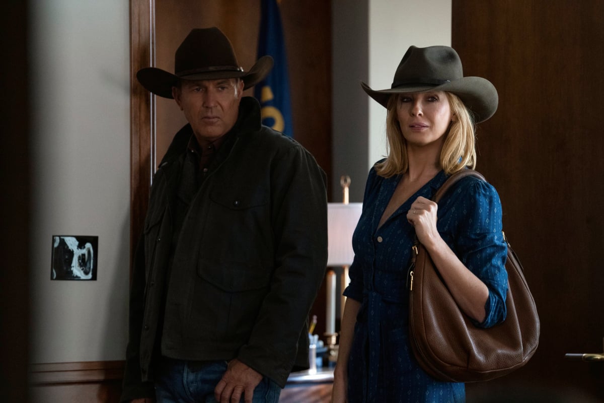 Yellowstone Kelly Reilly as Beth Dutton with Kevin Costner as John Dutton in an image from the season 3 finale
