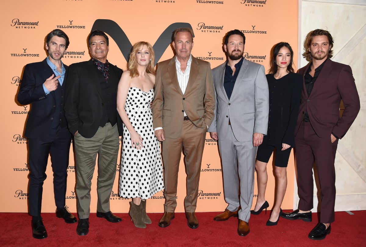 Yellowstone cast Wes Bentley, Gil Birmingham, Kelly Reilly, Kevin Costner, Cole Hauser, Kelsey Asbille and Luke Grimes attend the premiere party for Paramount Network's season 2 at Lombardi House on May 30, 2019 in Los Angeles