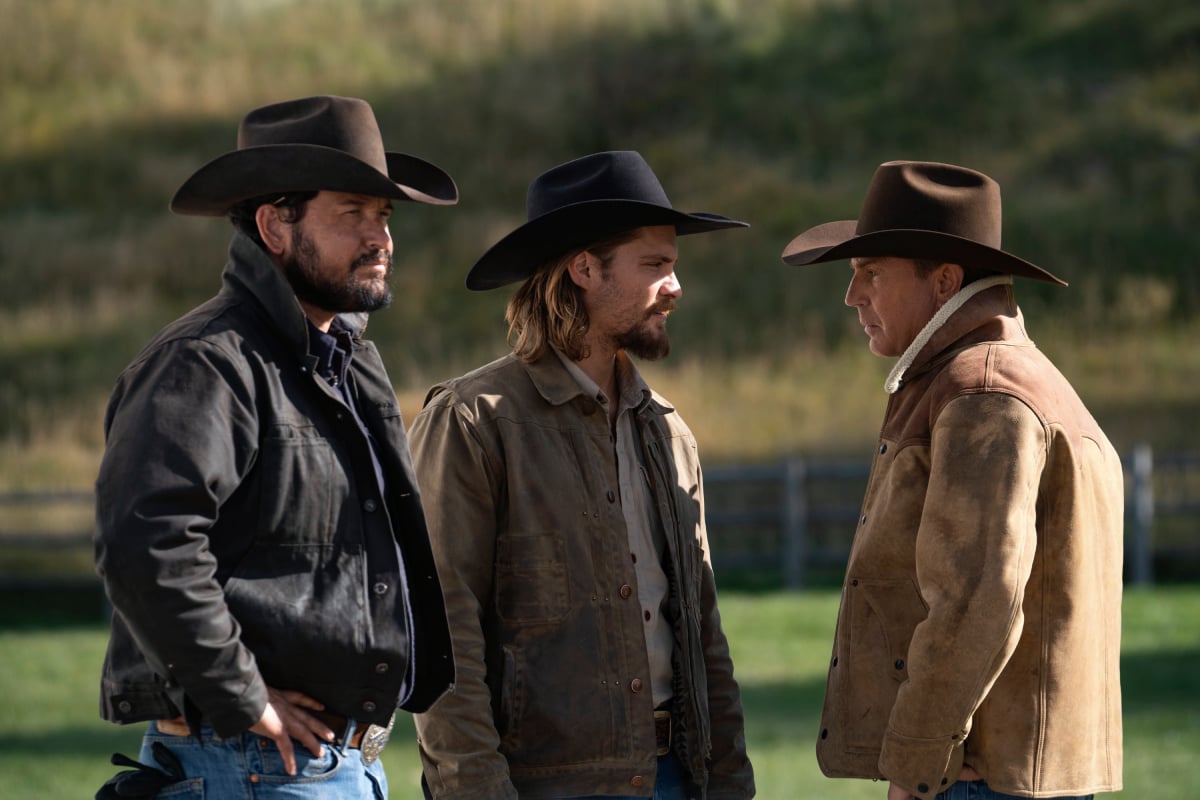 Yellowstone stars Cole Hauser, Luke Grimes, and Kevin Costner in character