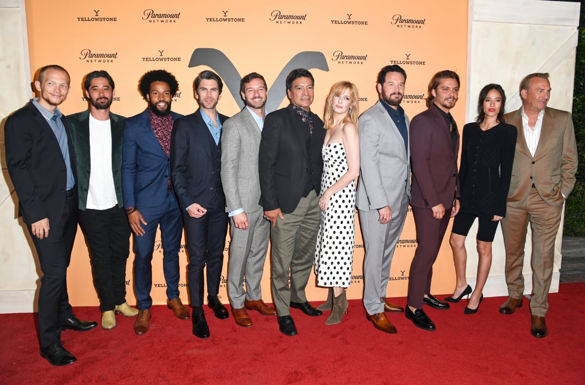 Yellowstone cast Jefferson White, Ryan Bingham, Denim Richards, Wes Bentley, Ian Bowen, Gil Birmingham, Kelly Reilly, Cole Hauser, Luke Grimes, Kelsey Chow and Kevin Costner attend Paramount Network's Season 2 Premiere Party at Lombardi House on May 30, 2019 in Los Angeles, California