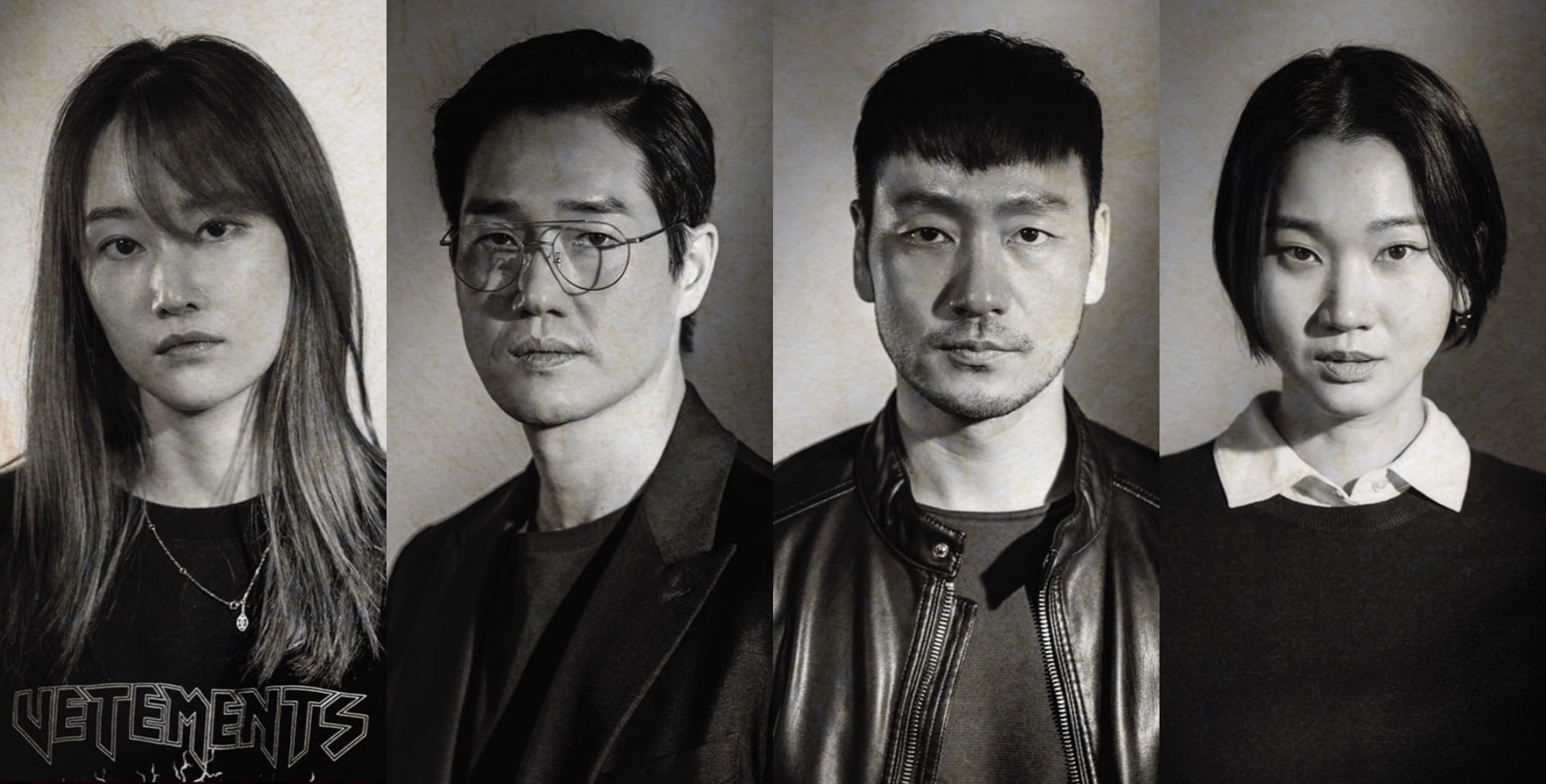 Yoo Ji-tae, Park Hae-soo and main cast for 'Money Heist: Korea - Joint Economic Area' in black and white photos.