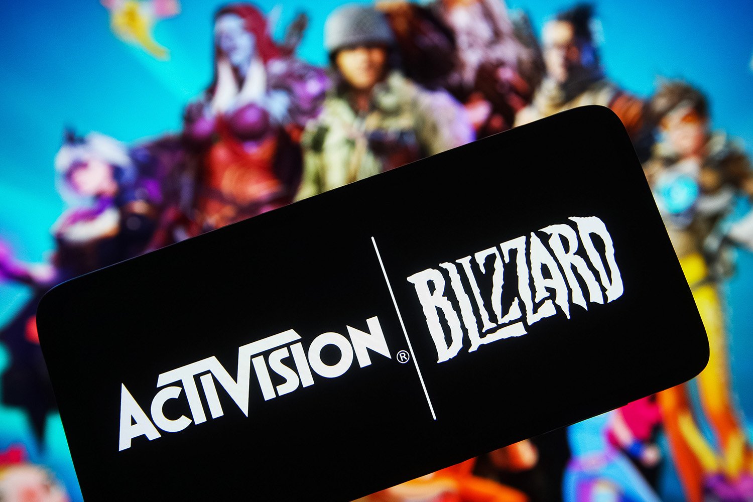 The Activision Blizzard logo on a phone screen after Microsoft's deal to buy the company