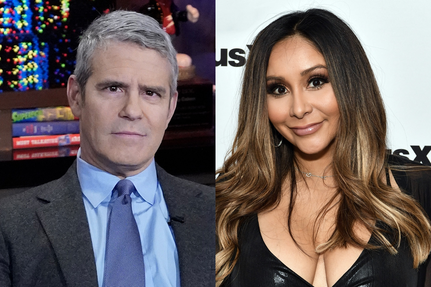 Andy Cohen poses for the camera on the set of 'WWHL' and Snooki smiles at a SiriusXM event