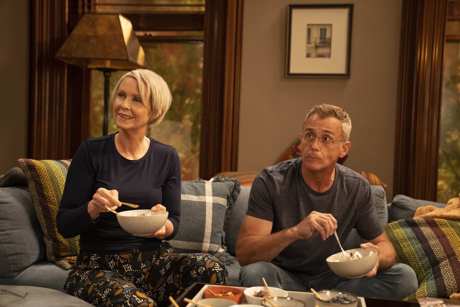 Cynthia Nixon as Miranda Hobbes and David Eigenberg as Steve Brady in their Brooklyn home in 'And Just Like That...'