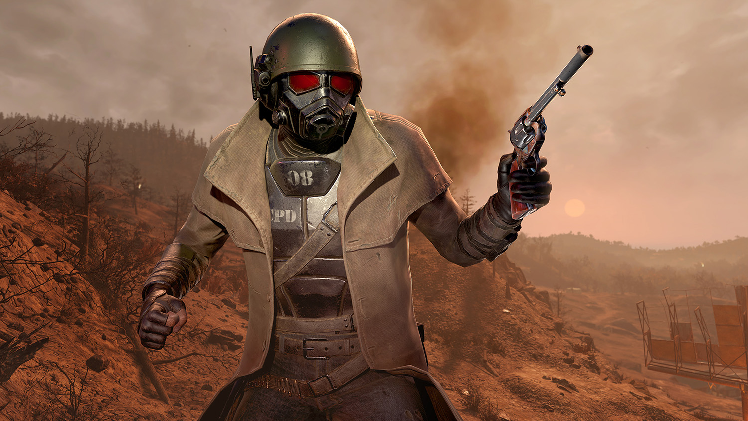 A person in full Ranger Armor holds a gun and stands in the desert in Fallout 76