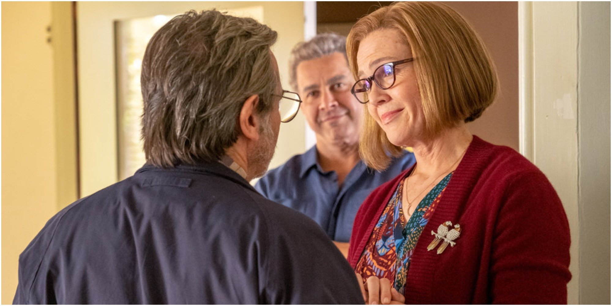 Griffin Dunne, Mandy Moore and Jon Huertas on the set of This Is Us.