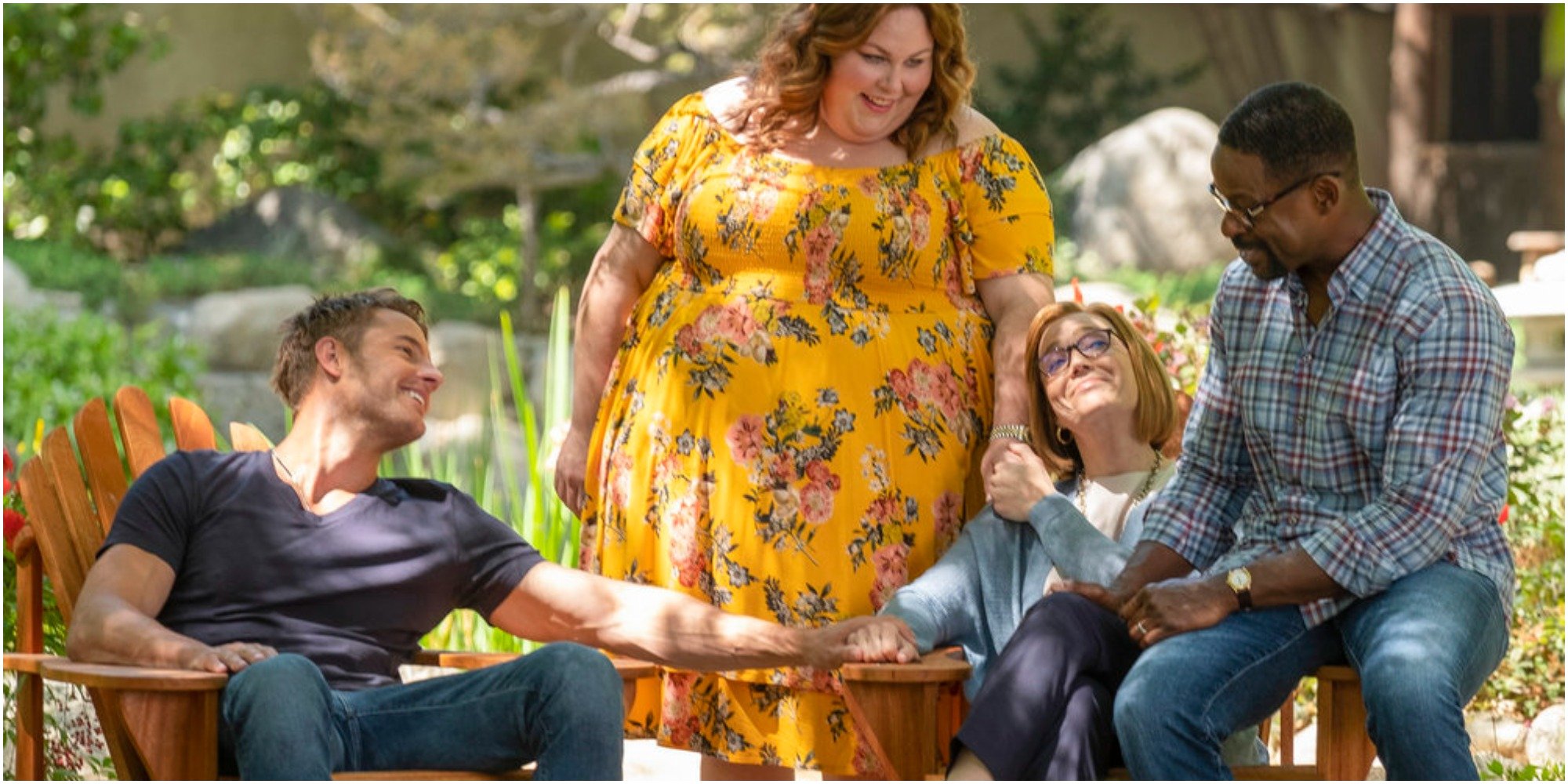 justin hartley chrissy metz mandy moore sterling k. brown pose for a this is us set photo.