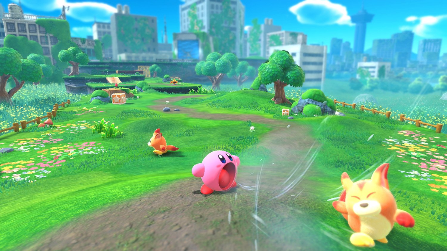 Kirby inhales an enemy in Kirby and the Forgotten Land